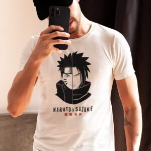 Naruto x Sasuke Front and Back Anime Printed T-Shirt Half Sleeve Crew Neck